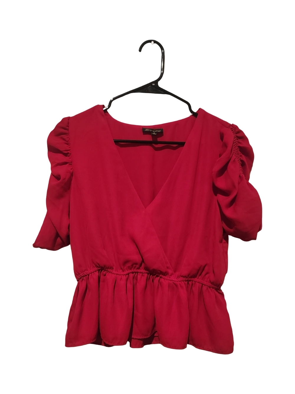 Shinestar Red V-Neck Peplum Blouse with Puff Sleeves
